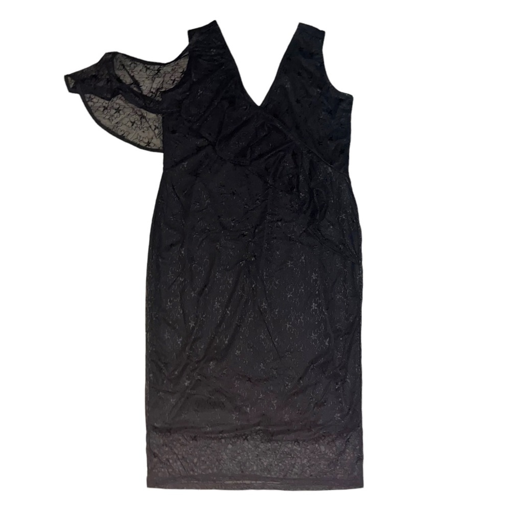 ASOS Lost Ink Black Lace One Shoulder Ruffle Cold Shoulder Sleeveless Midi Dress